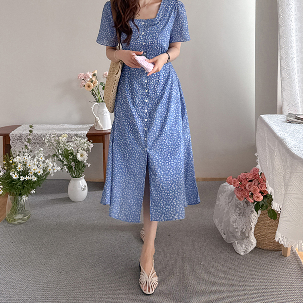 [Lovely Look/Adjustable Waist] Choued Flowy Square Neck Waist Cut Flower Chiffon Long Summer Short One Piece [Size: F (55~66)]