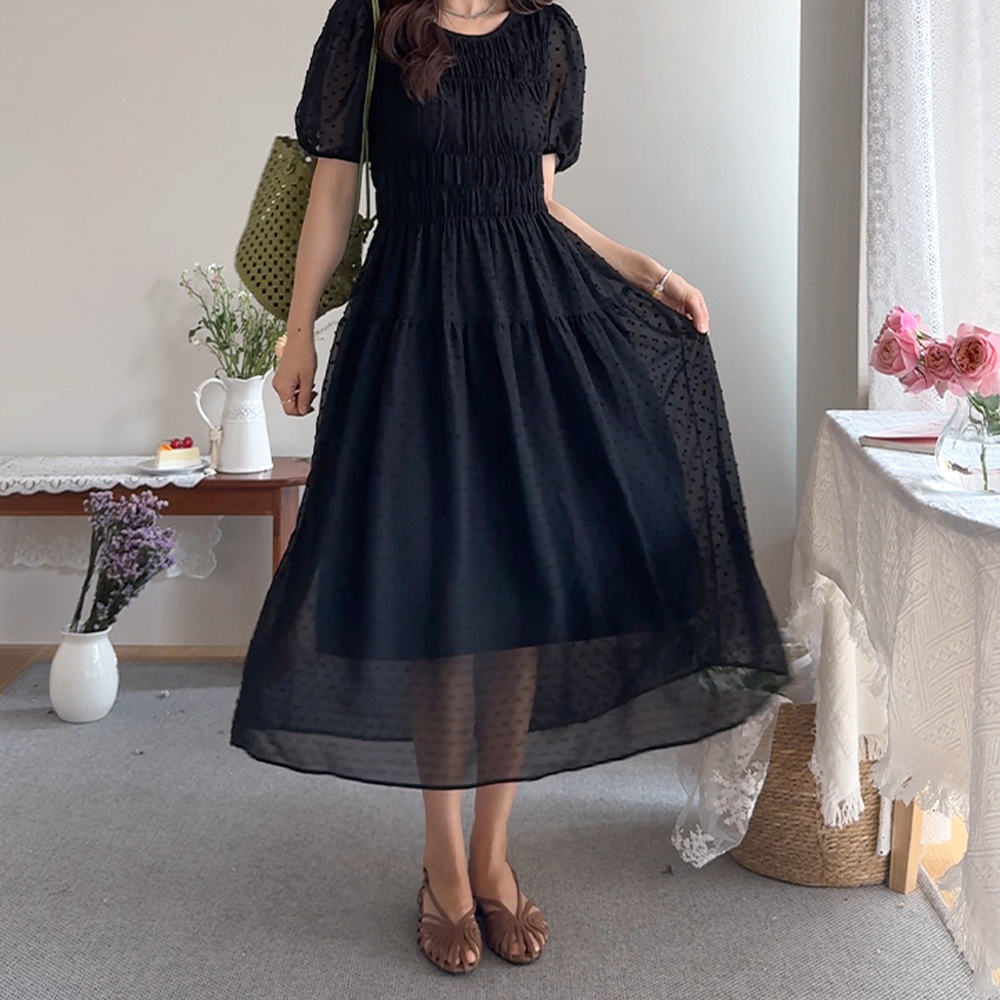 [Adjustable Size/Smoke Banding] Blian Sallang Sallang Dot Chiffon Cancan Short-sleeve Long One Piece [size:F(55~66)]