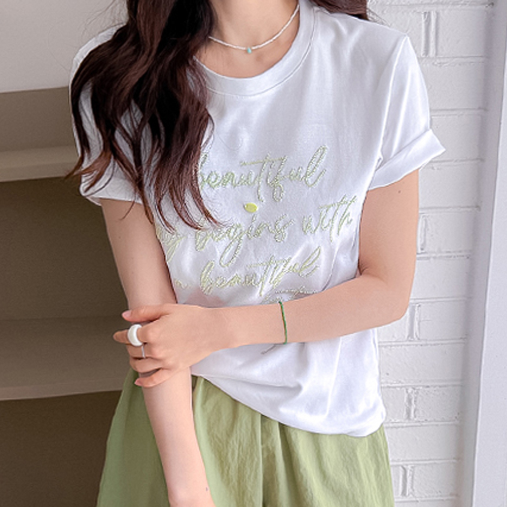 Miley Sparkling Lettering Embroidery T-shirt [size:F(55~66)]