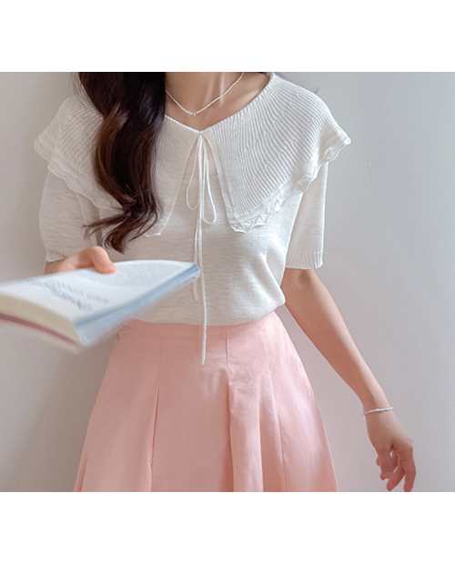 [Face-slimming fit/Arm cover] Ruffine Linen Ribbon Strap Large Wavy Collar Summer Short Sleeve Knit [size:F(55~66)]