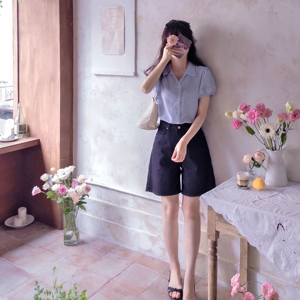 Modern Check Seersucker Summer Cool Wrinkle-Free Blouse [size:F(55~66)]