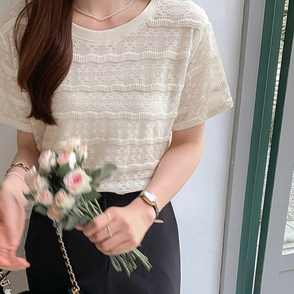 [Mochi Spandex/Delicate Mood] Lobelia Lace 3D Floral Embroidery Short-sleeve T-shirt [size:F(55~66)]