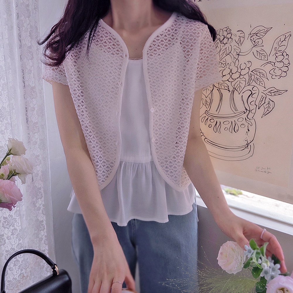 [New Arrival Special 4,000 KRW Discount] <FONT color=#5a3954>MADE LIN</font> Annere Summer Punching Race Bolero Style Short-sleeve Cardigan [size:F(55~66)]