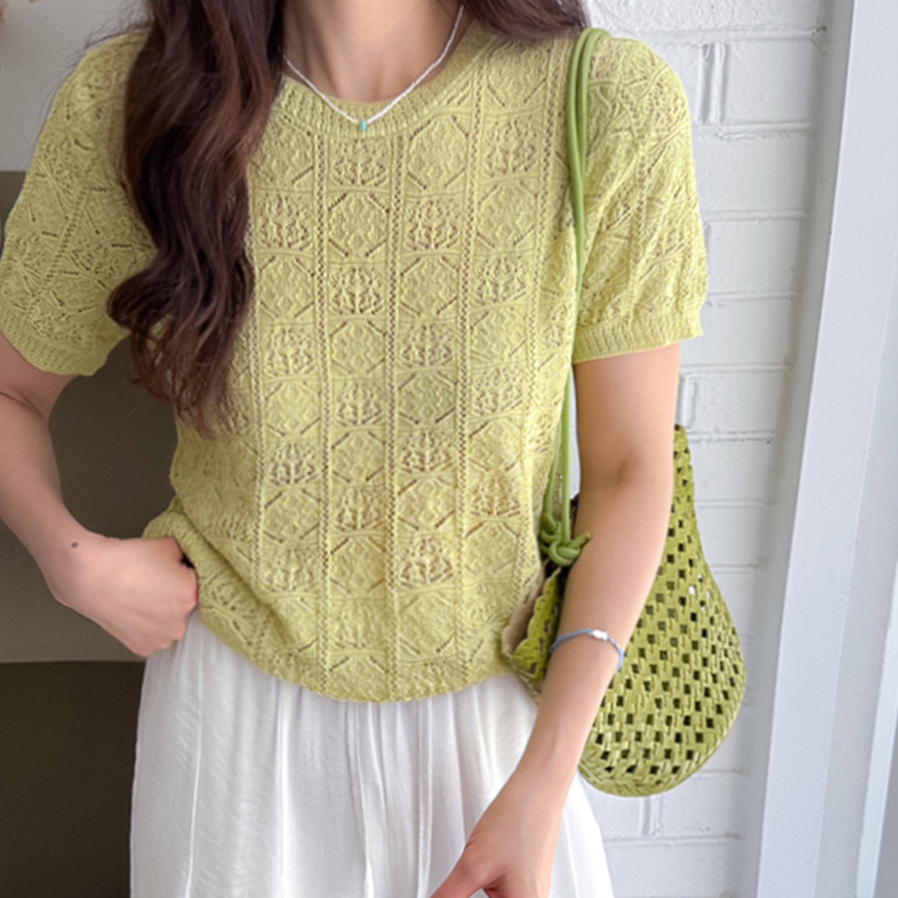 [5 colors/Cool even in midsummer] Timo Race Punching Jacquard Short-sleeve Knit [size:F(55~66)]