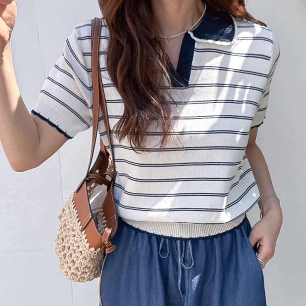 Vanilla Wavy Hem Color-Blocked Collar Short Sleeve Knit [size:F(55~66)]