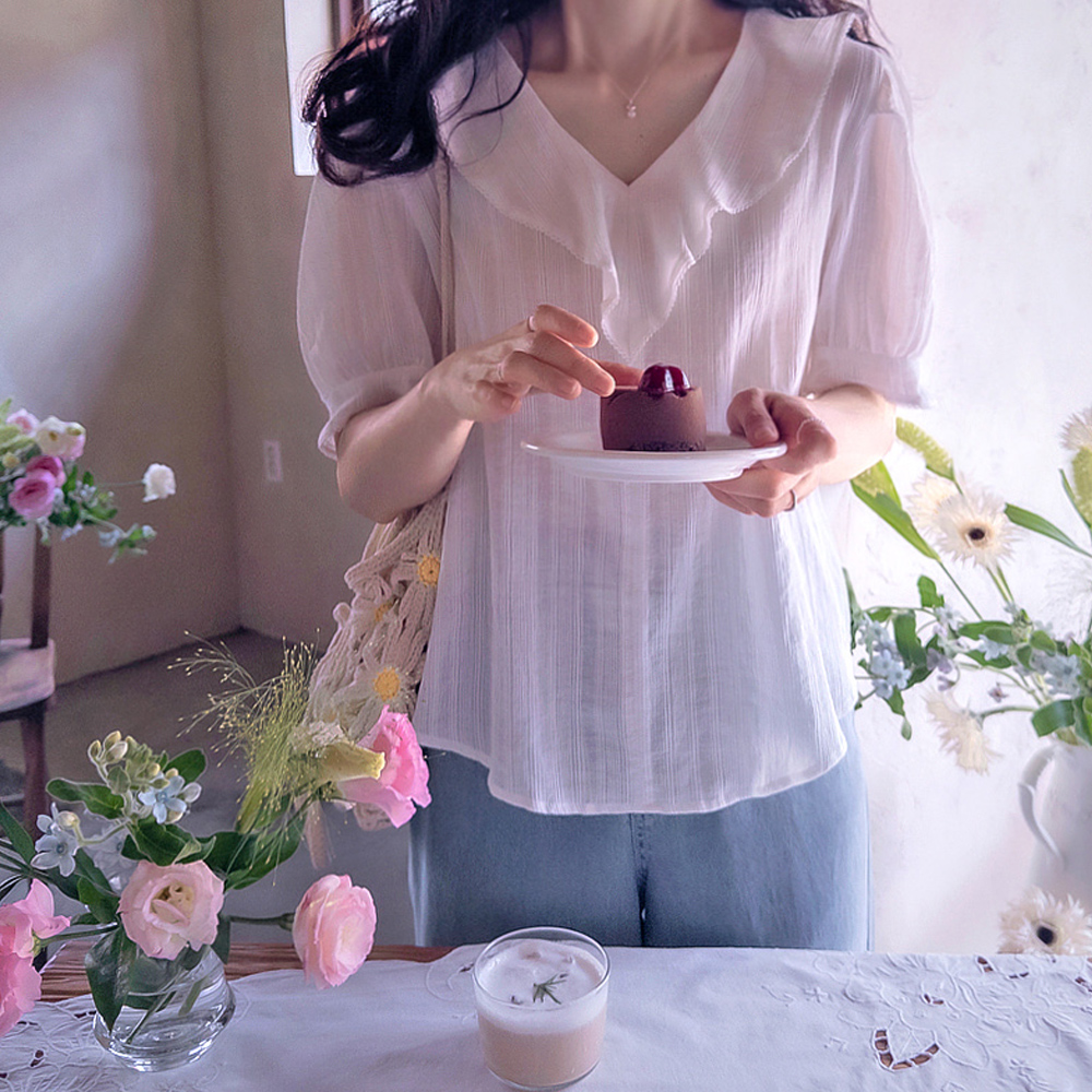 Melo Charing Pure Stripe Pattern Cool Summer Blouse [size:F(55~66)]