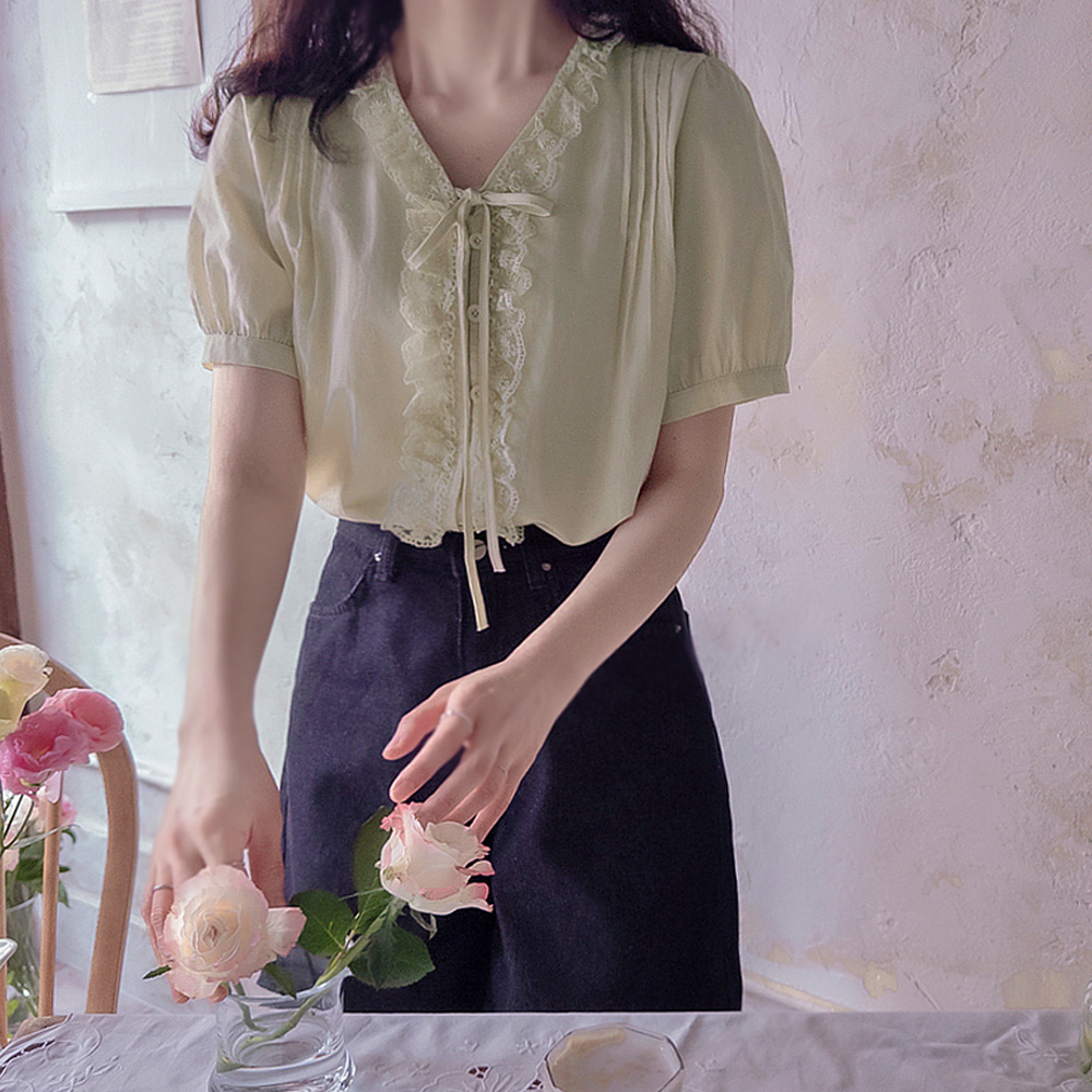 Cradin Shirring Lace Summer Pintuck Elegant Blouse [size:F(55~66)]