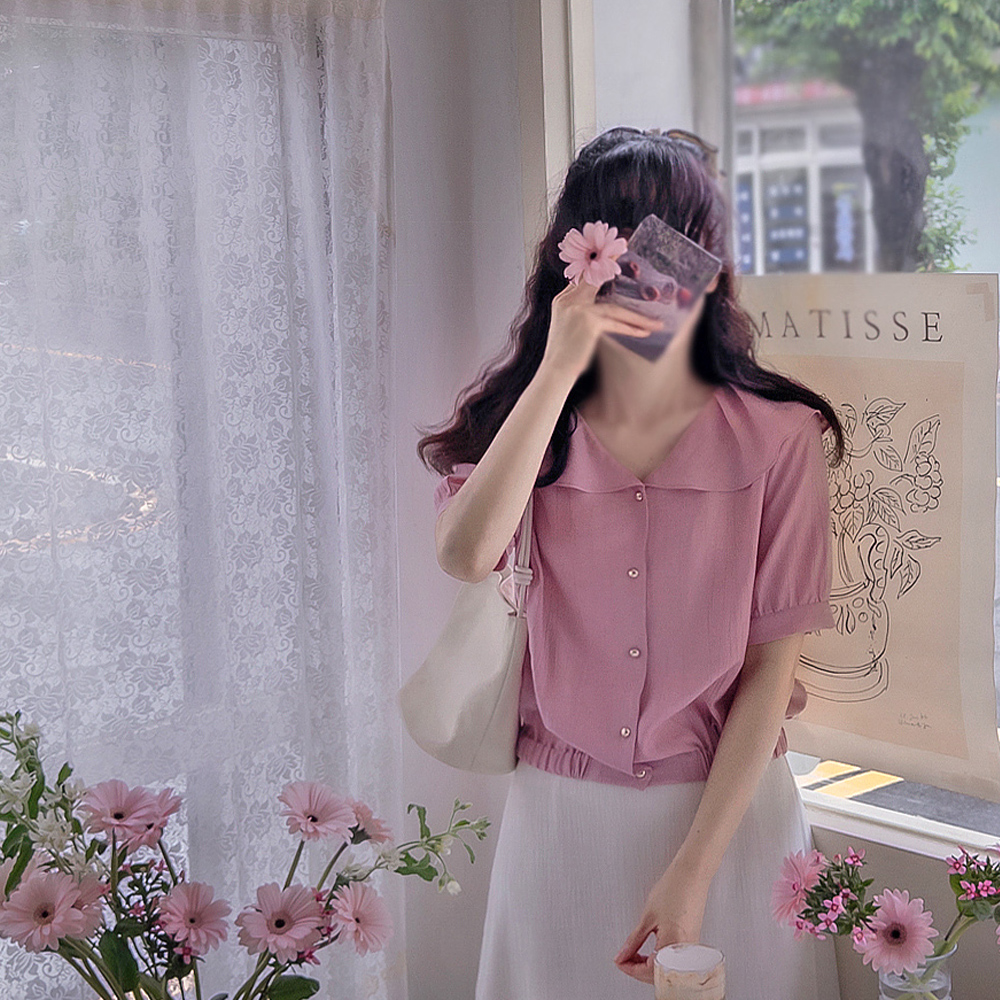 [New Arrival Special 27% Off] <FONT color=#5a3954>MADE LIN</font> Poeta Freel Banding Short-sleeve Blouse [size:F(55~66)]