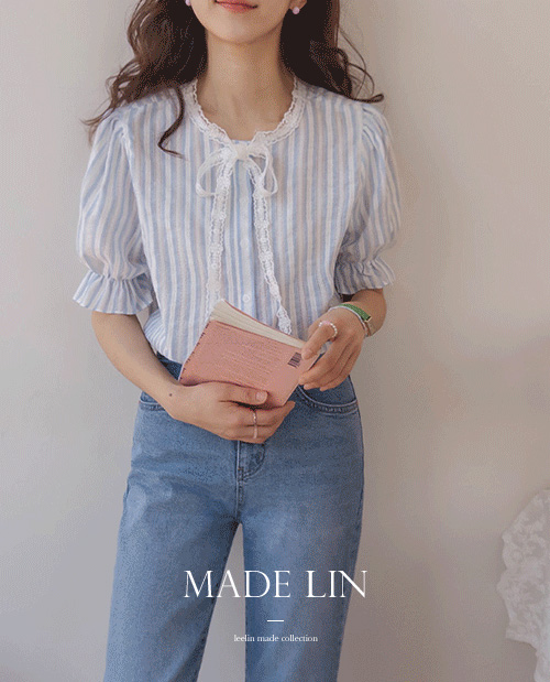 [New Design Added] [Dense Punching] [Until Summer] [Race Ribbon] [Best Deal Special 9,000 Won Discount] <FONT color=#5a3954>MADE LIN</font> Marne Race Stripe Short-sleeve Blouse[size:F,1].