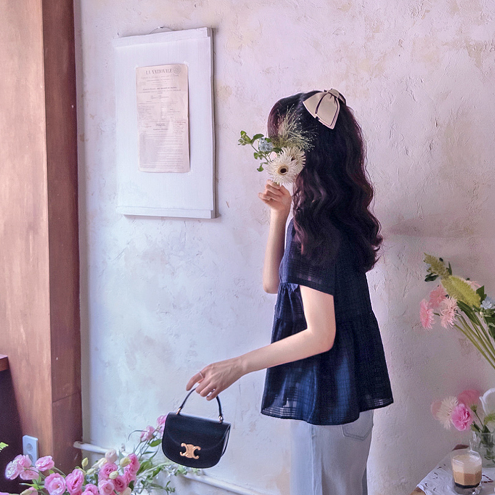 Heyju Summer Check Band Shirring Cool Blouse [size:F(55~66)]