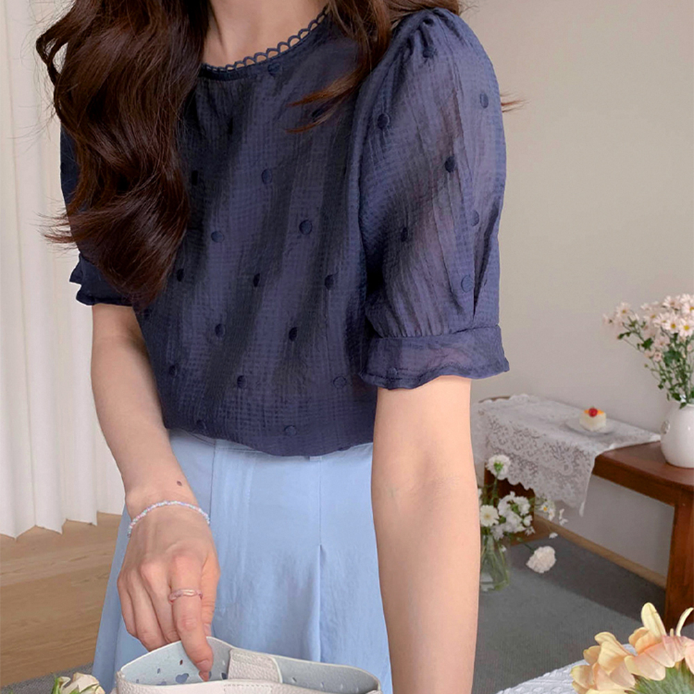[Luxury/Arm Fat Coverage] Elia Dot Embroidery Race Freel Puff Short-sleeve Blouse [size:F(55~66)]