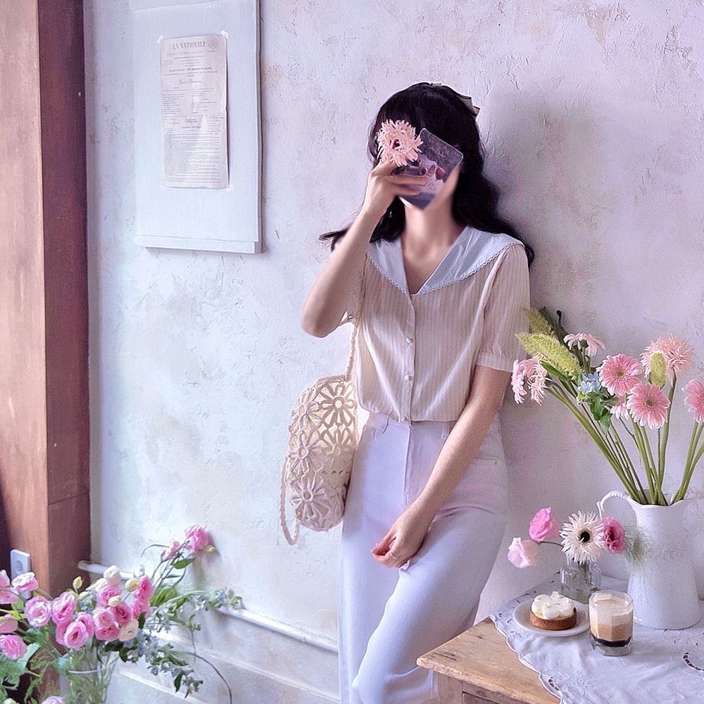 Rochen Stripe Round Collar Summer Elegant Blouse [size:F(55~66)]