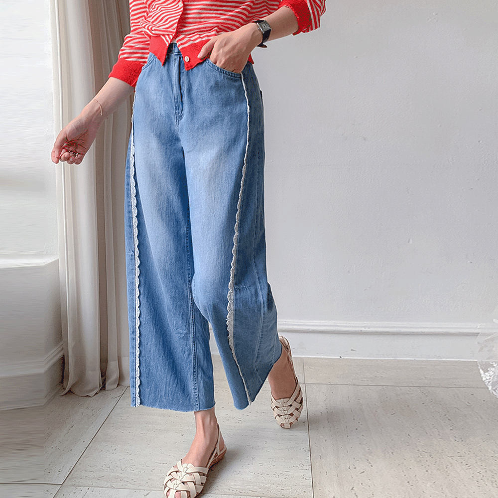 [Summer Version][Body Shape Cover/Comfortable Elastic Waist] Shubi Lace-Point Wide Denim Pants [size:S,M,L]