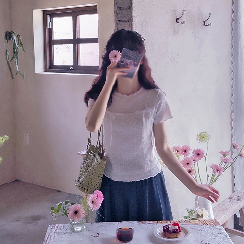 Yellow floral embroidery busk tee layered with Love Spandex Tee [size:F(55~66)]