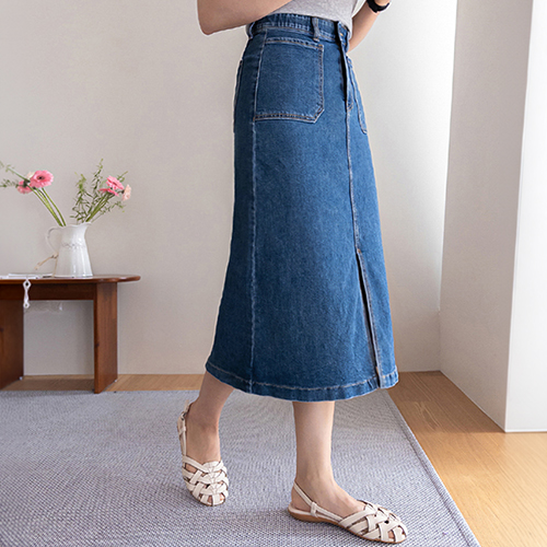 [Summer Version] DAIZ Stretchy Spandex Front Slit Pocket Point Aline Denim Rong Skirt <FONT color=#d8a4a4>[Fitting Sale]</font>