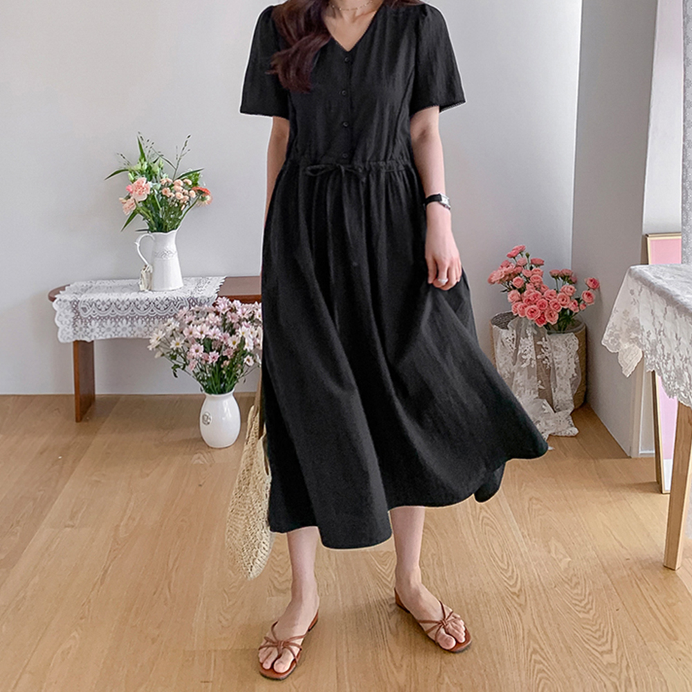 [Lovely Look/Adjustable Waist] Monet Crinkle Button Lace Shirred Summer Dress [Size: F (55~66)]