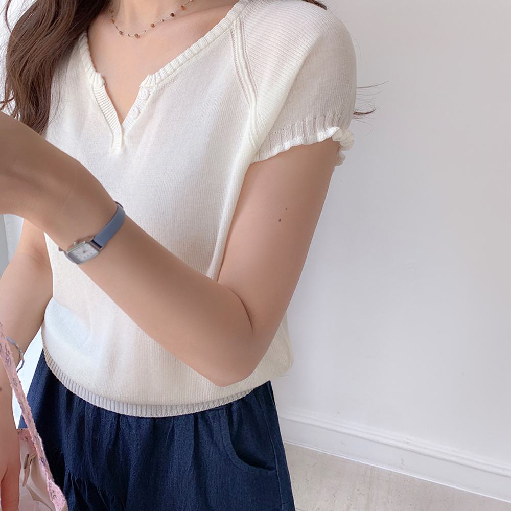 Lumi Neck Button Sleeve Shirred Raglan Summer Knit Tee [size:F(55~66)]
