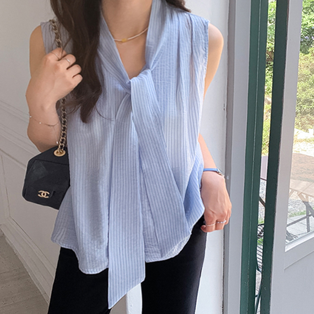 Melo Tie Stripe Sleeveless Summer Blouse [size:F(55~66.5)]