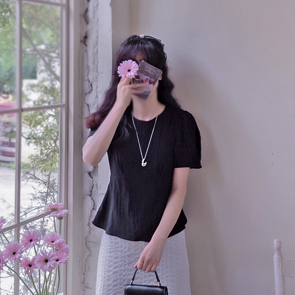 Ratzbell Cool Seersucker Sleeve Pintuck Summer Slim Blouse [size:F(44~55)]