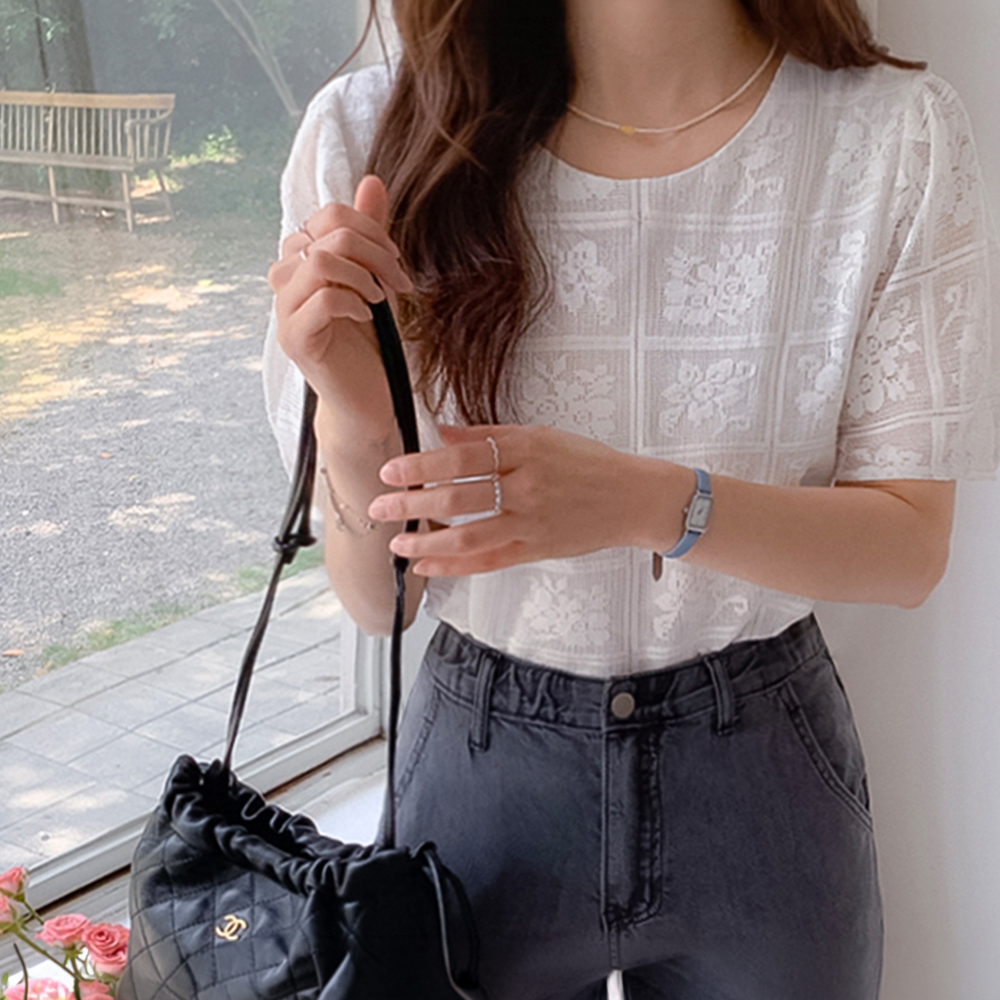 Seville Race Flower Punching Puff Blouse [size:F(55~66)]