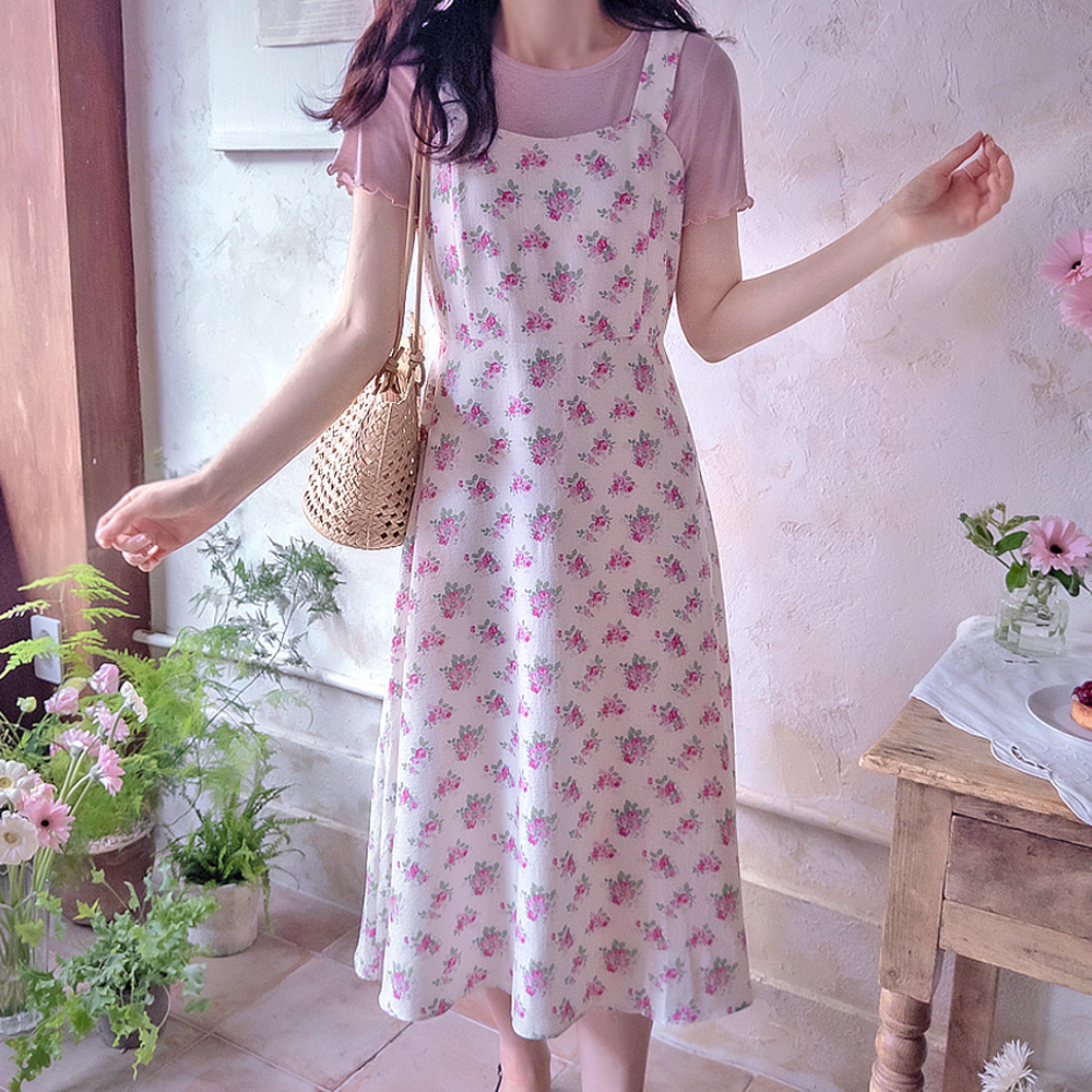 [New Arrival Special 10,000 Won Discount] <FONT color=#5a3954>MADE LIN</font> Daini Square Flower Sleeveless Shirts One Piece [size:F(55~66)]