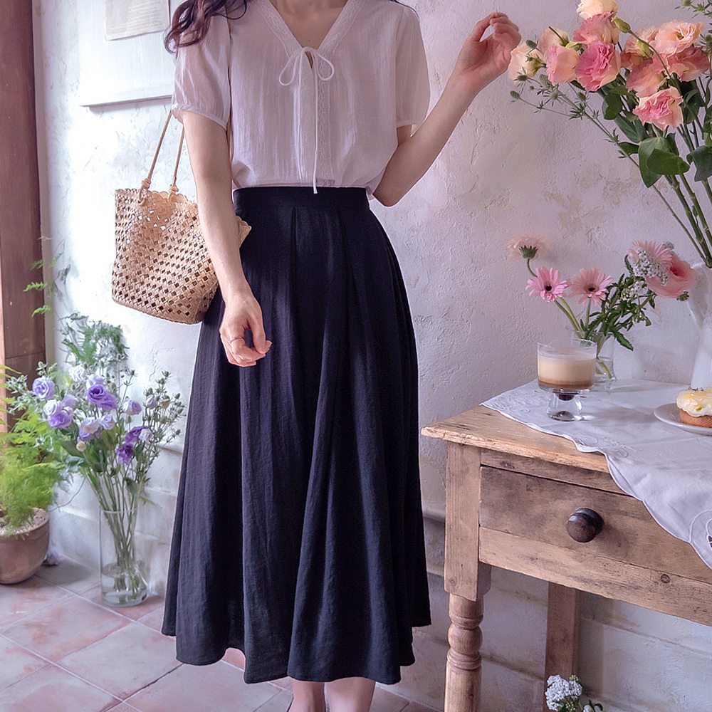 [New Arrival Special 20% Off for 3 Days Only] <FONT color=#5a3954>MADE LIN</font> N.Jenica Flexible Pleated Cool & Luxurious Flexible Linen Band Skirt [size: F(55~66), L(77~88)]