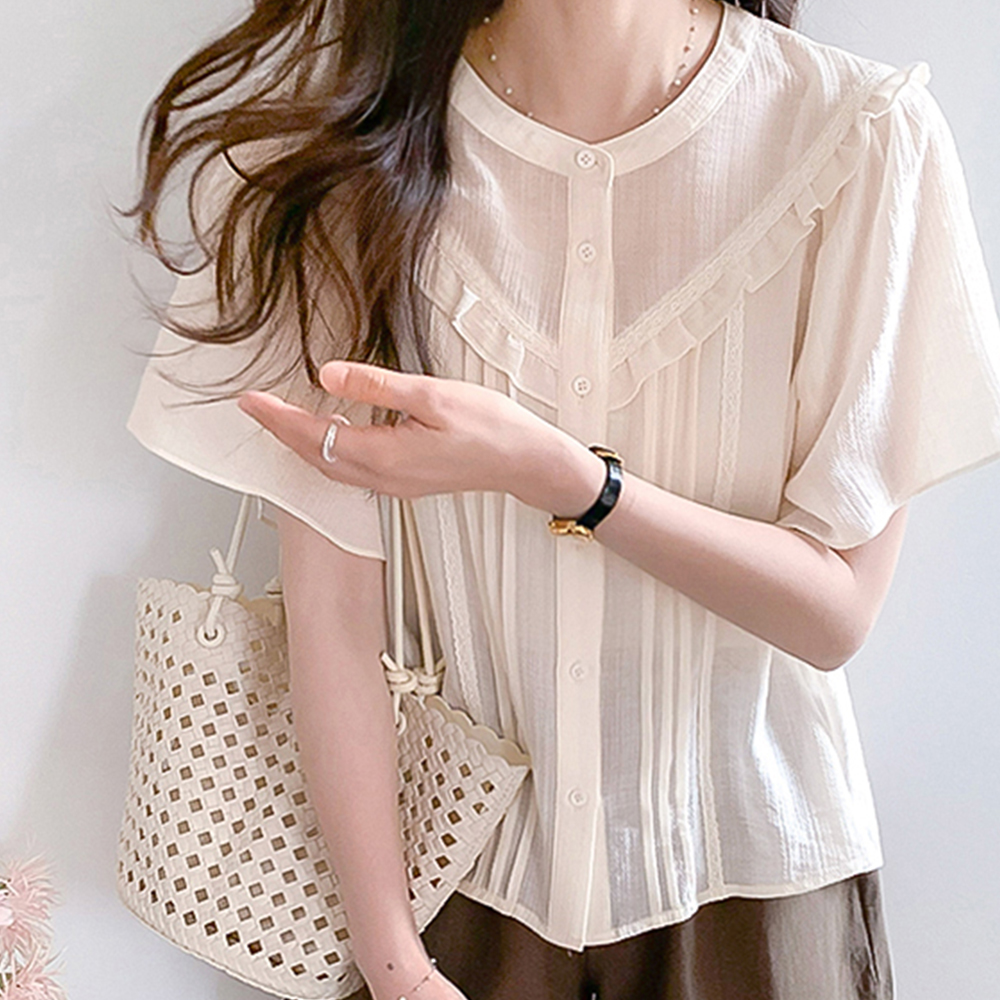 [New Arrival Special 8,000 KRW Discount] <FONT color=#5a3954>MADE LIN</font> Aleni Diagonal Shirring Pintuck Salang Blouse [size:F(55~66)]