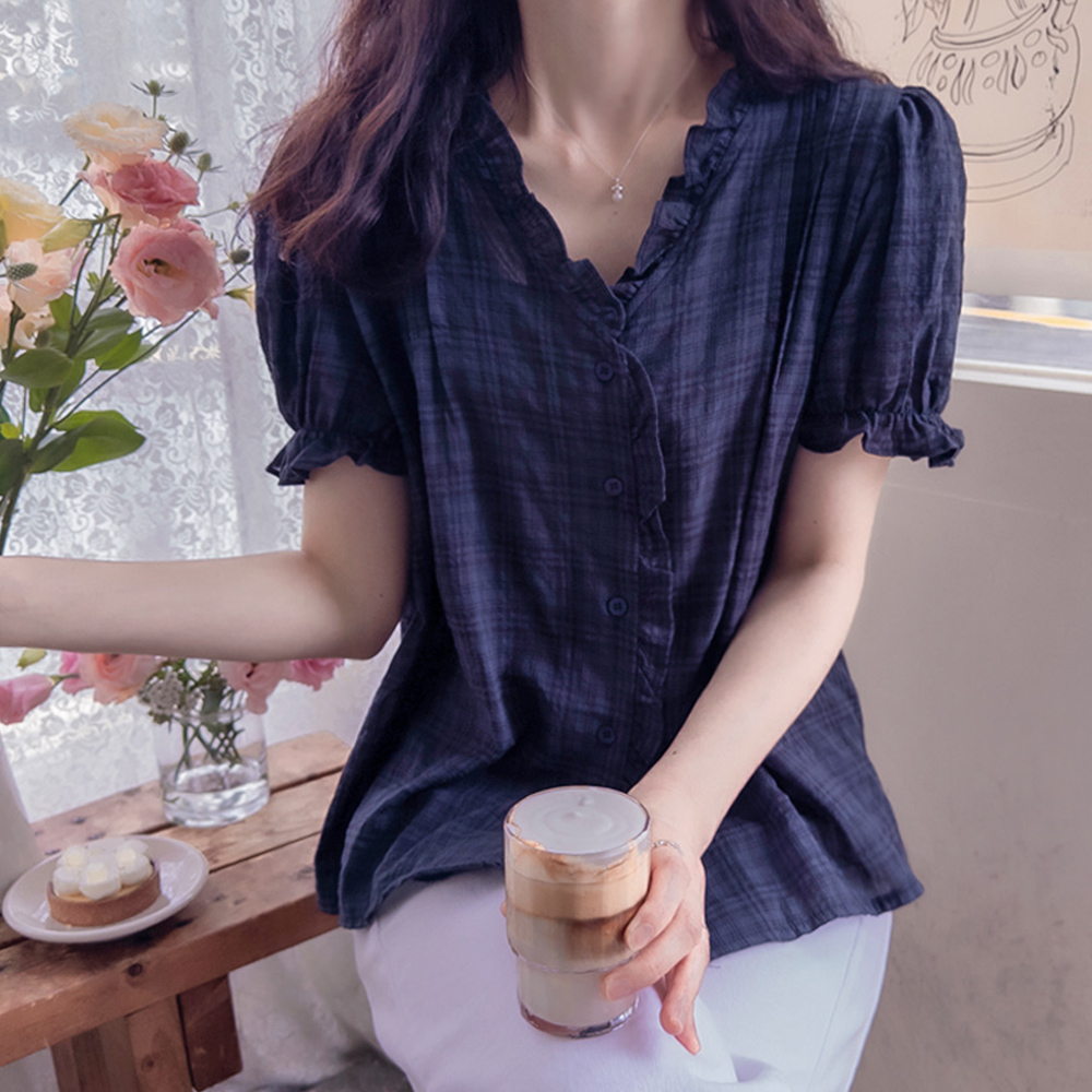 [LABEL] Cleats Summer Check Neck Shirring Cool Delicate Loose Fit Blouse [size:F (55~66.5)]