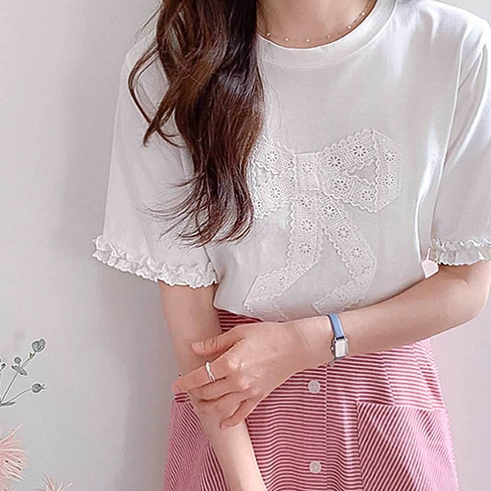 [New Arrival Special 6,000 Won Discount] <FONT color=#5a3954>MADE LIN</font> Live Lovely Bowknot Cotton Short T-shirts [size:F(55~66)]