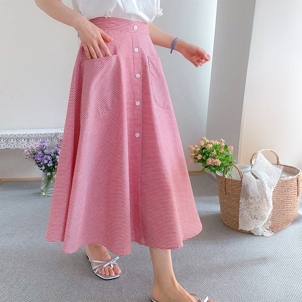 [Lower Body Cover] Love Me Aline Pocket Stripe Back Elastic Long Skirt [size:F(55~66)]