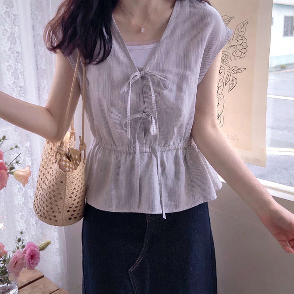 Jeanne Cool Summer Stripe Cap Sleeve Slimline Blouse [size:F(55~66)]