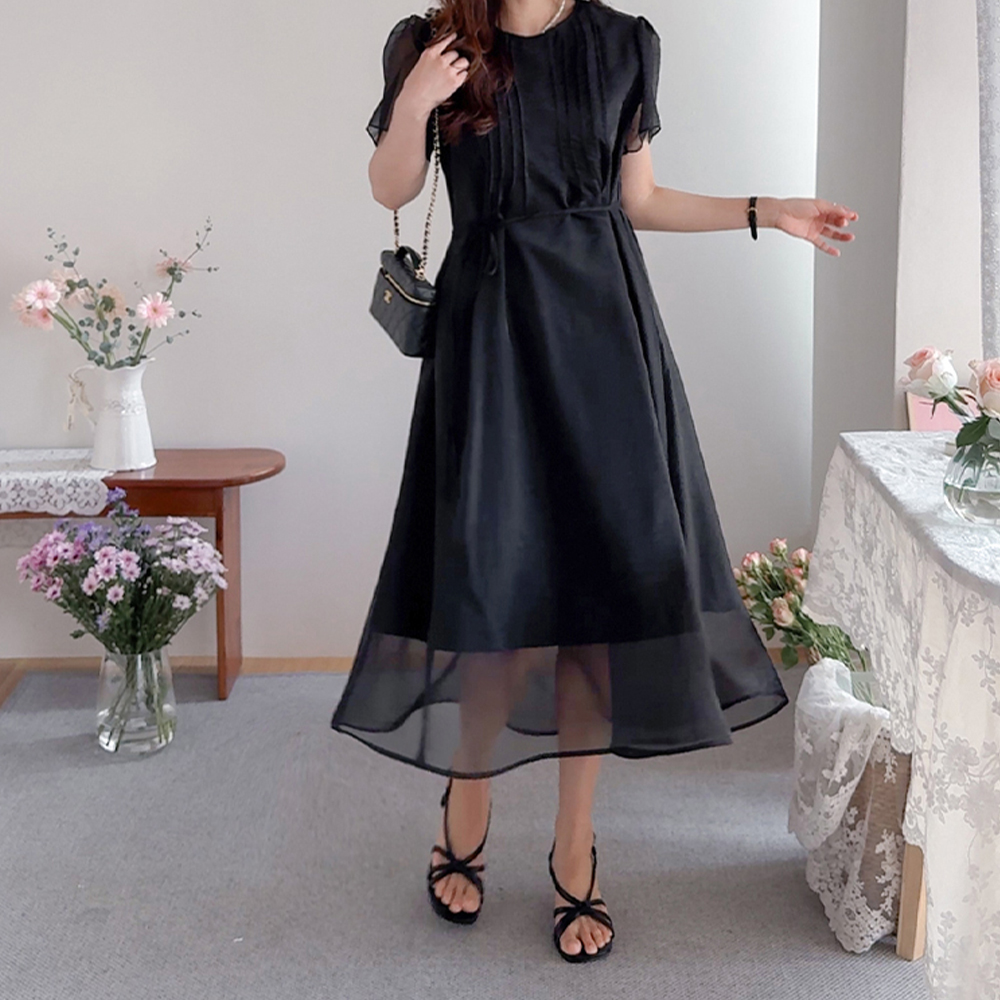 [Luxury/2-Way Styling] Maren Pintuck See-through Look Long One Piece [size:F(55~66)]