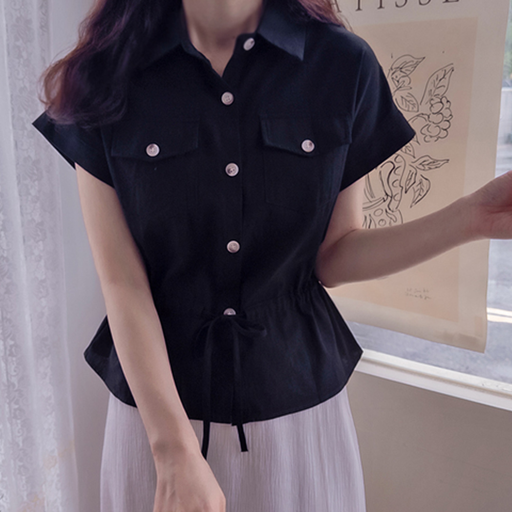 Plenty Neat Collar Cool Pocket Adjustable Waist Tie Blouse [size:F(55~66)]