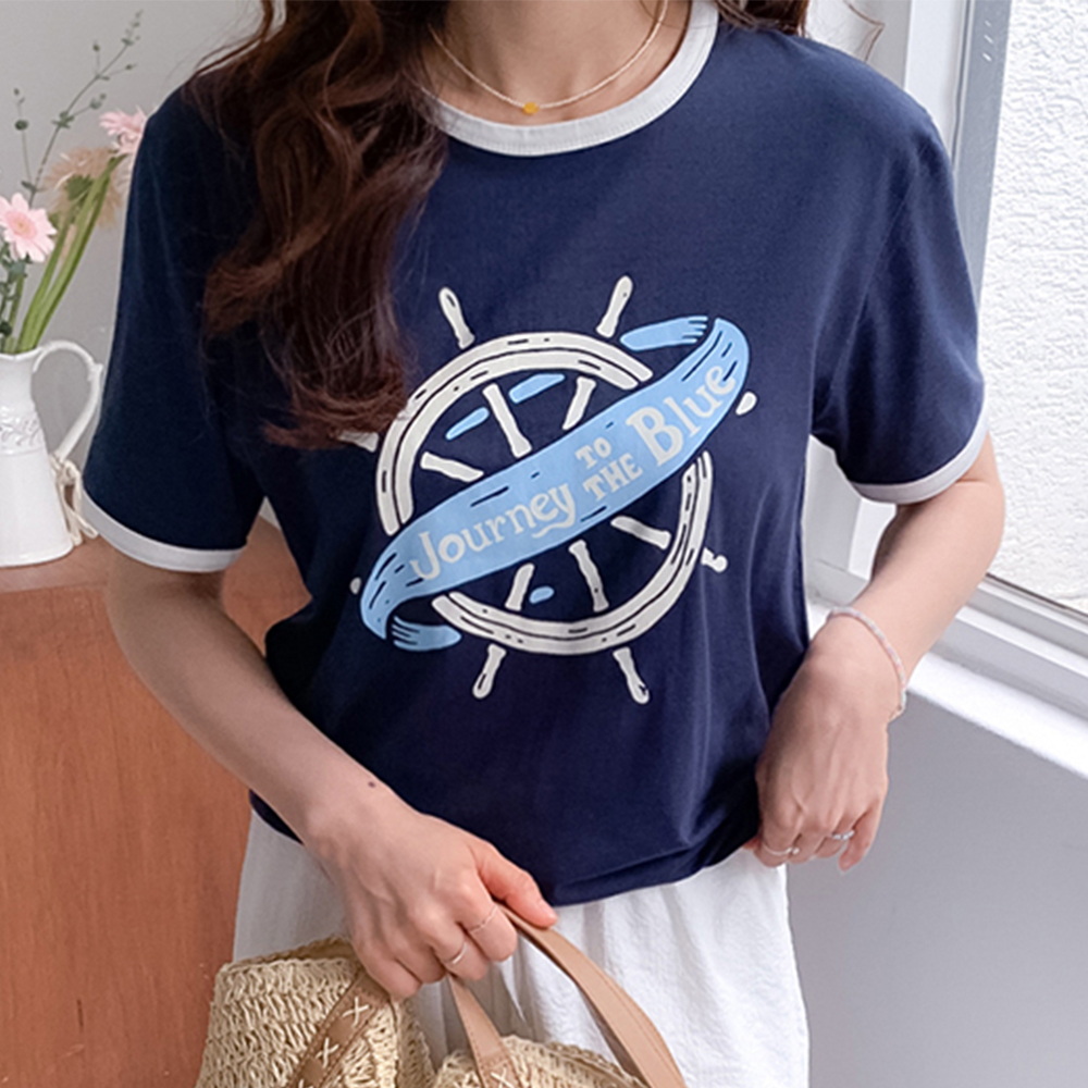 Blue Modal Jjonjjjol Round color combination T-shirt [size:F(55~66)]