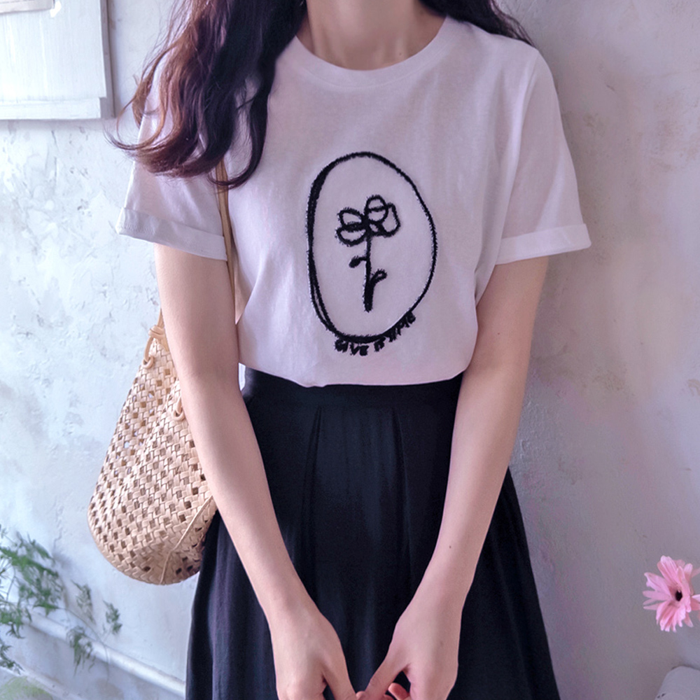 Q Tee Flower 3D Embroidery Cool Tee for Summer Outfit [size: F(55~66)]