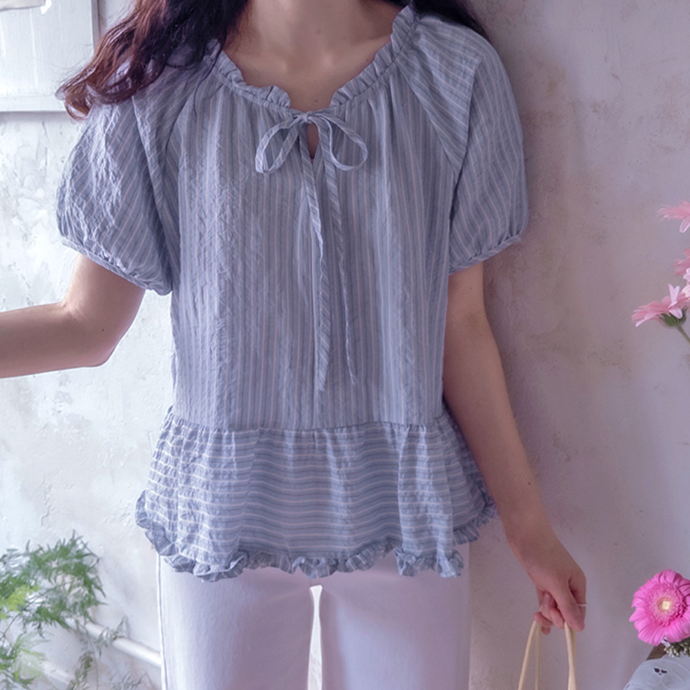 Jackie ST Neck Shearing Seersucker Lovely Blouse [size:F(55~66)]