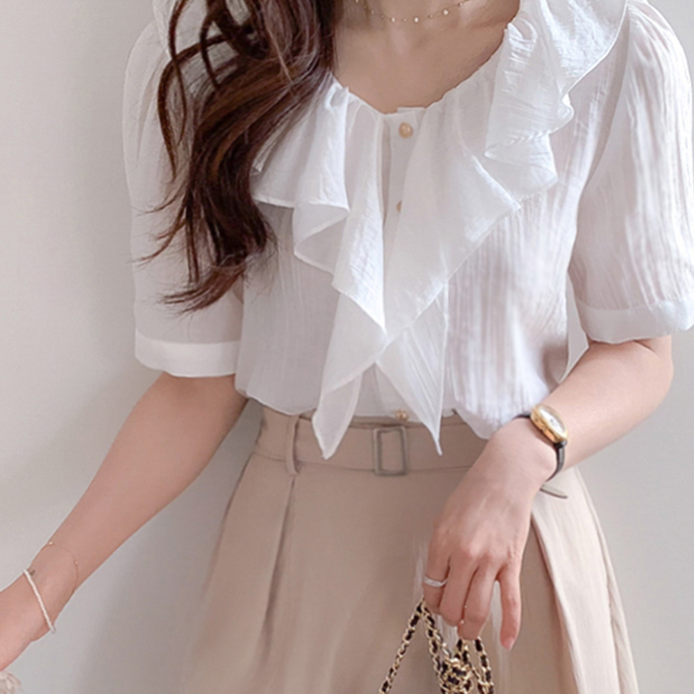 [Luxury/Cool Fabric] Emily Freel Gold Button Puff Cotton Blouse [size:F(55~66)]