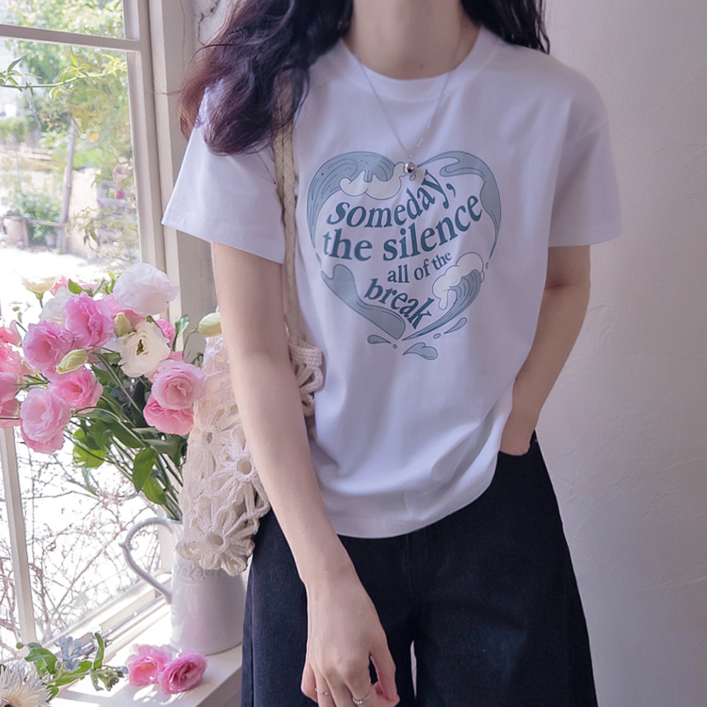 Heart Wave & Lettering Soft Spandex Modal Tee [size:F(55~66)] 