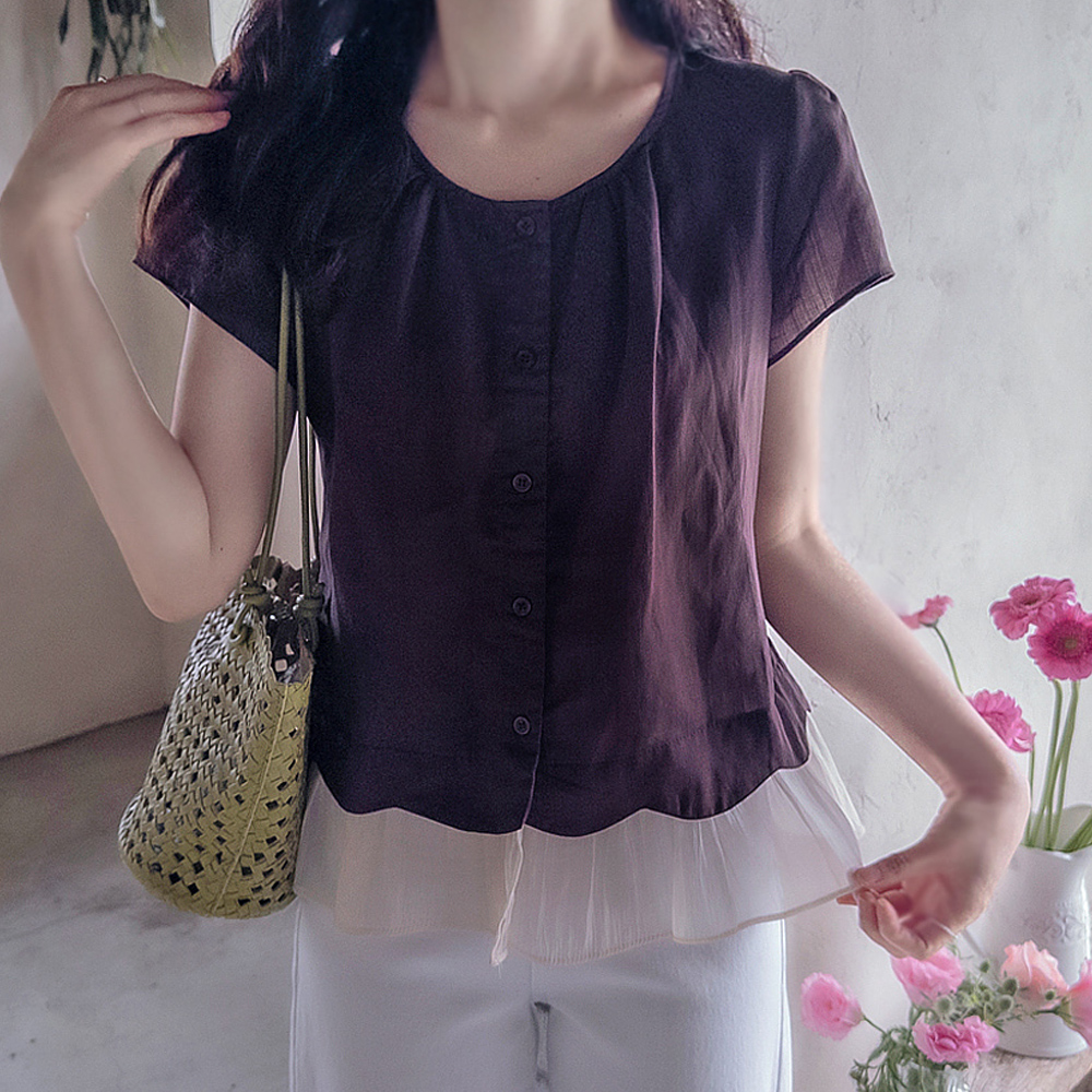Shuner Wave Color Block Cool Linen Body-Covering Fit Blouse [size:F(55~66)]