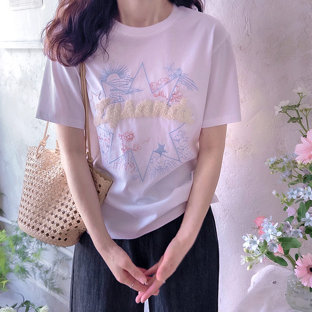 Star Embroidery 3D Lettering Embroidery Soft Silket Tee [size:F(55~66)]