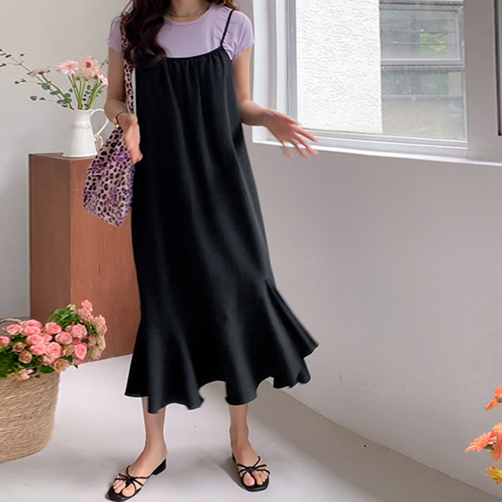 [New Arrival Special 10,000 KRW Discount] <FONT color=#5a3954>MADE LIN</font> Ronner Asymmetrical Flare Shirring Adjustable Strap One Piece [size:F(55~66)]