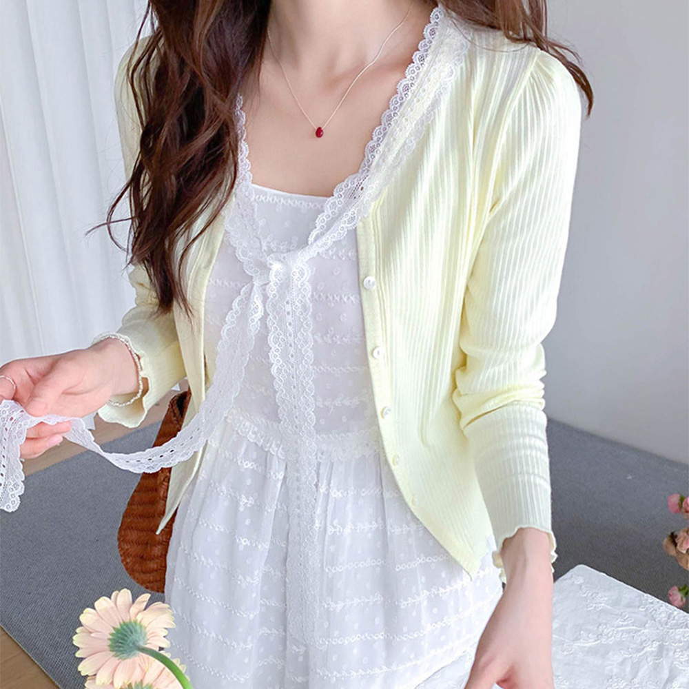 [New Arrival Special 5,000 Won Discount] <FONT color=#5a3954>MADE LIN</font> Lowed Tie Lace Corrugated Shirred Cardigan [size:F(55~66)]