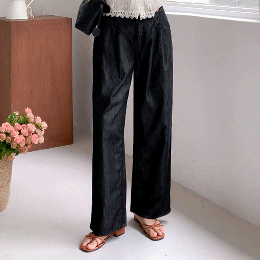 Melvy Non-Fade Two-Pintuck Wide Denim Pants (Short/Basic/Long) [size:S,M,L,XL]