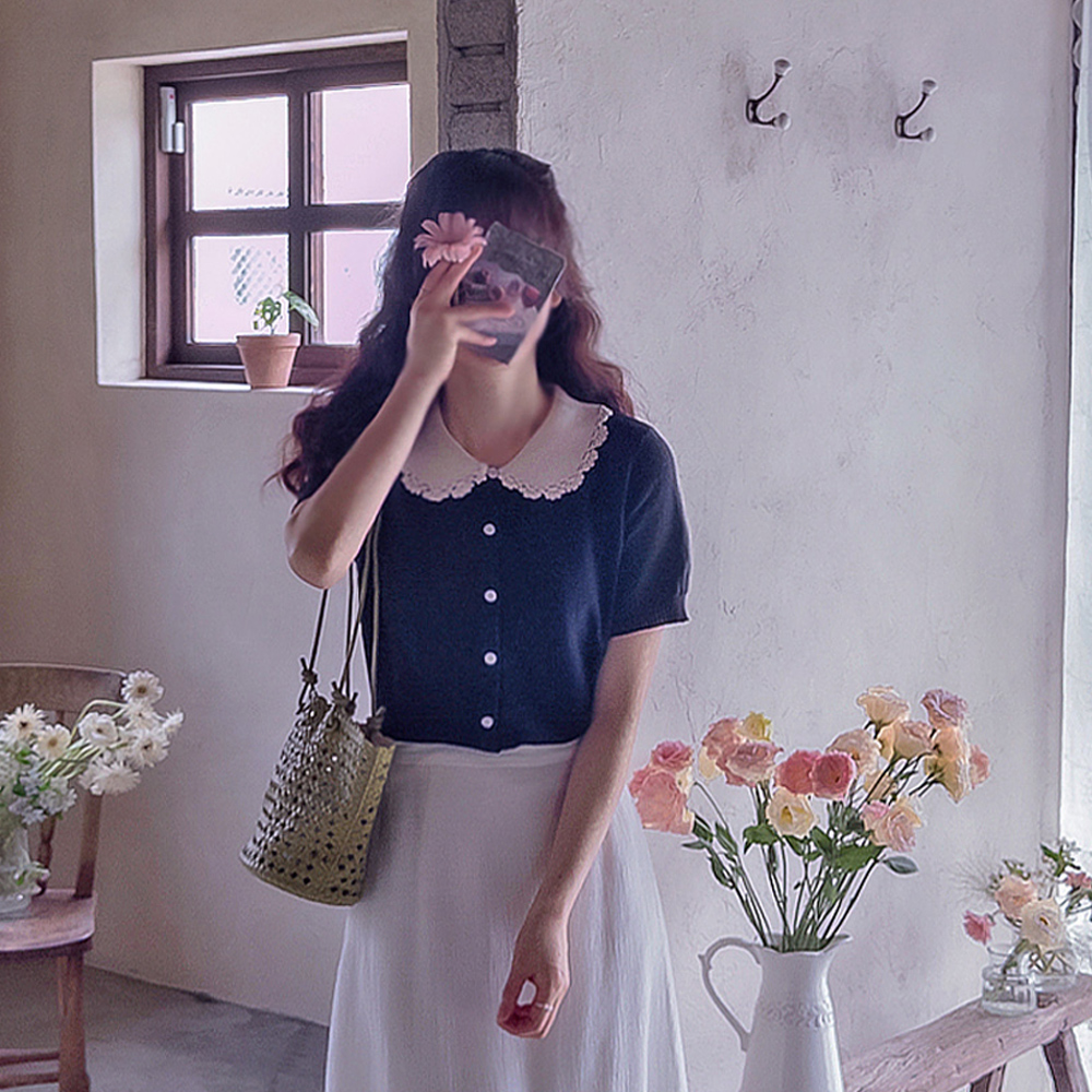 Annrose Floral Embroidered Collar Lovely Soft Span Knit [size:F(55~66)]