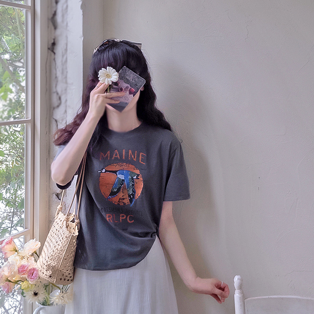 Annbird Digital Print Brand Washed Pleasant Autumn Color Tee [size: F(55~66)]