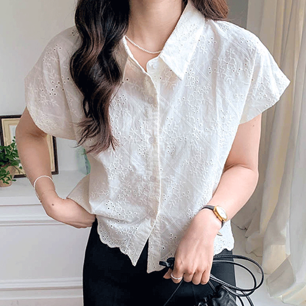 Cien Punching Embroidered Cap Sleeve Blouse [size:F(55~66)]