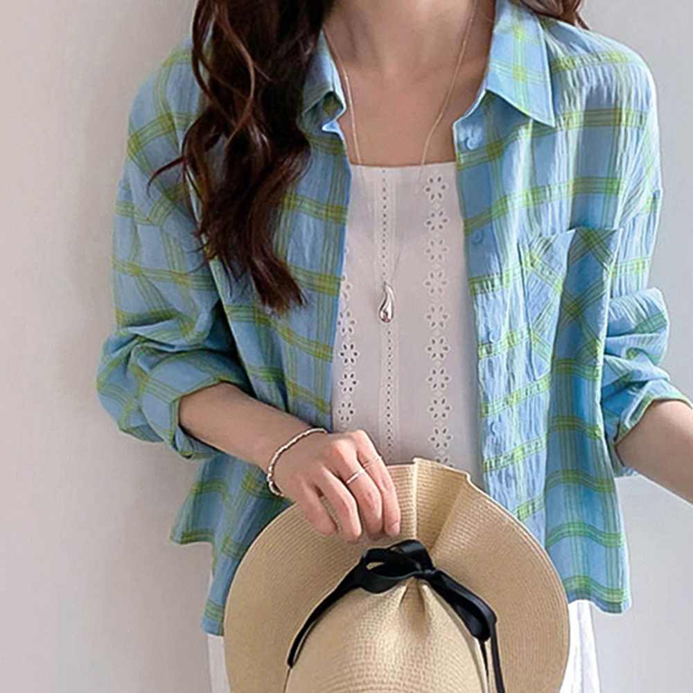 [Lightweight Skin-Stopping Item] Ella Color Combination Check Semi-Crop Shirt [Size: F (55~66.5)]