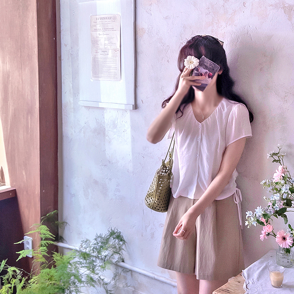 N-Plans Shirring Neck Side String Cute Shirring Blouse [size:F(55~66)]
