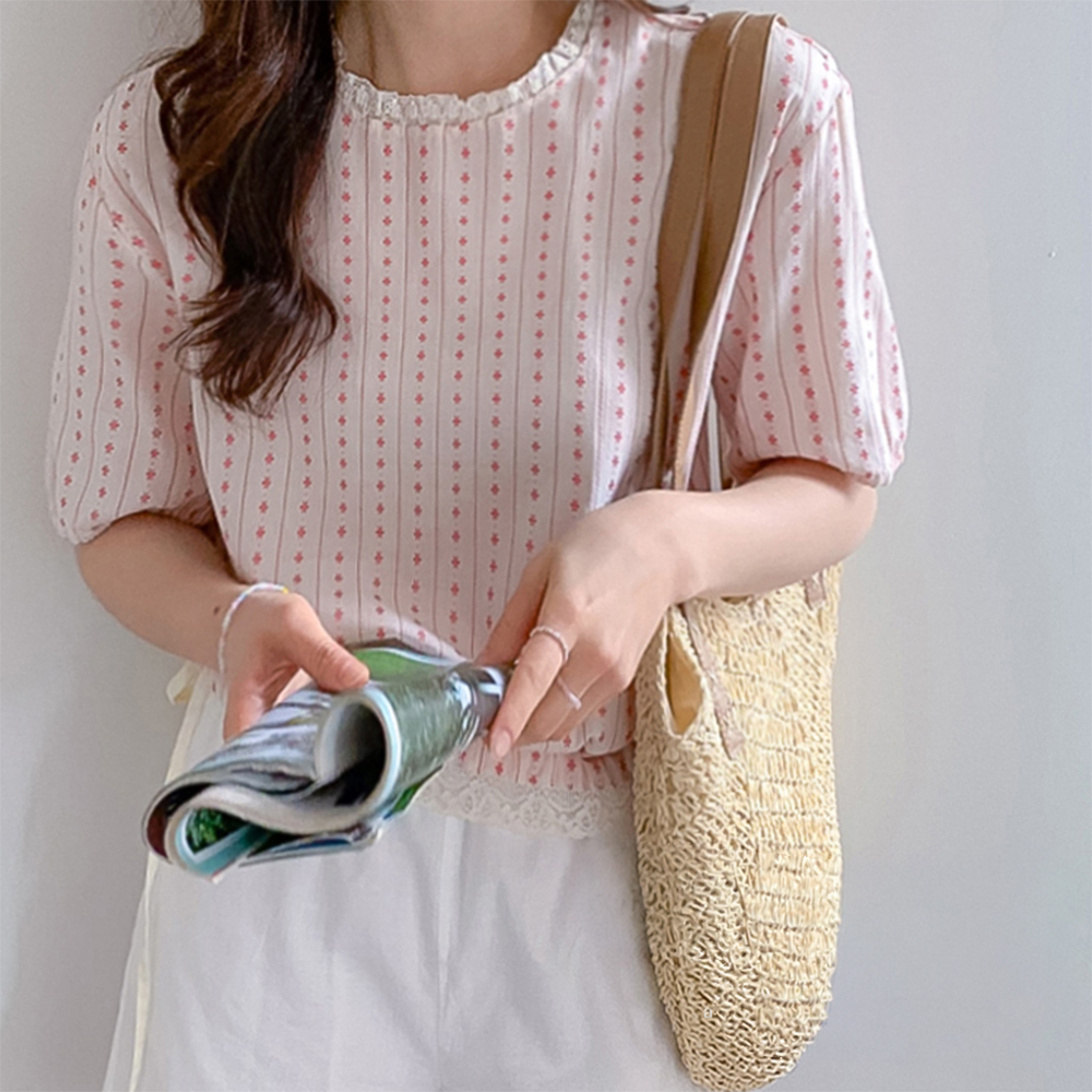 [Best Deal 7,000 KRW Discount] MADE LIN Camilla Flower Stripe Race String Blouse [size: F (55~66)]