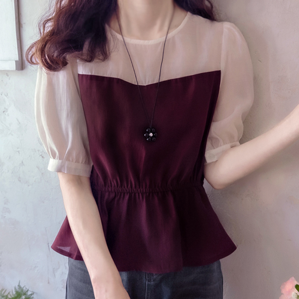 [Unmissable Special Sale 20% Until Autumn] <FONT color=#5a3954>MADE LIN</font> Scarlet Color Block Tencel Delicate Fit Luxurious Blouse [Size: F(55), L(66~77)] (Until July 31) [Pre-orders scheduled to ship August 7]